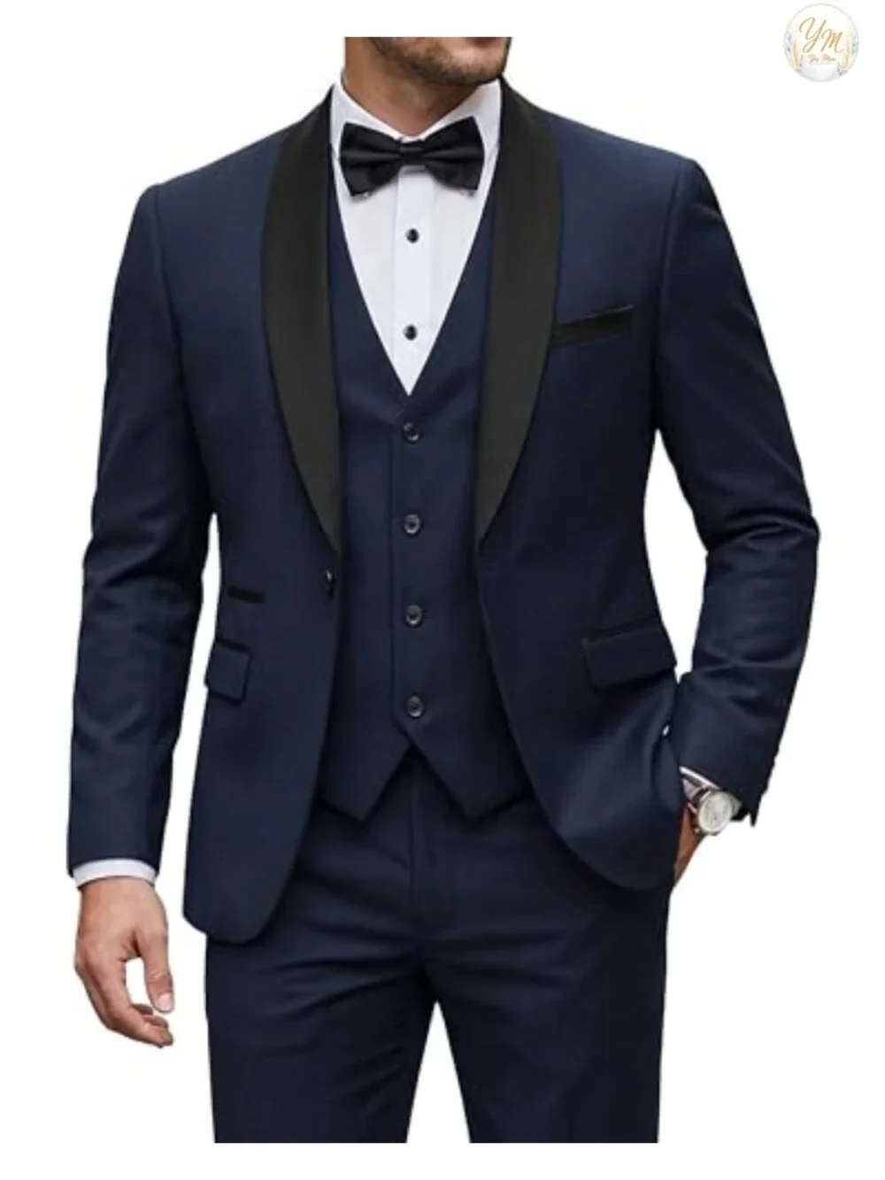 Men's 3 Piece Tuxedo Set with Bow Tie, Slim Fit One Button Shawl Lapel Suit